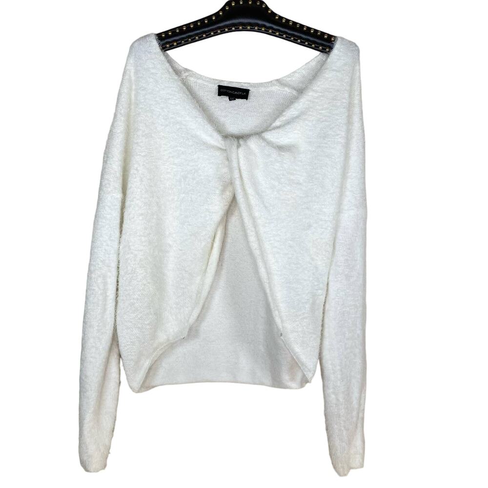 Cotton Candy LA White Fuzzy Open Twisted Knot Long Sleeve Sweater S/M NWOT